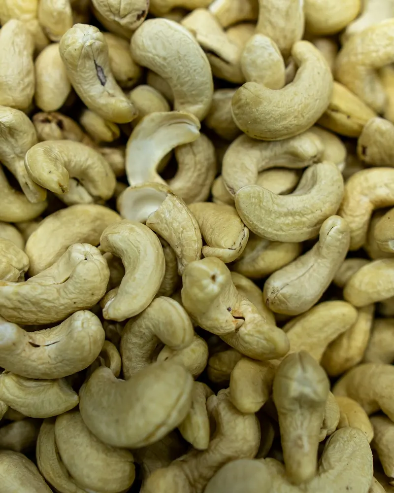Close-up of raw cashew kernels